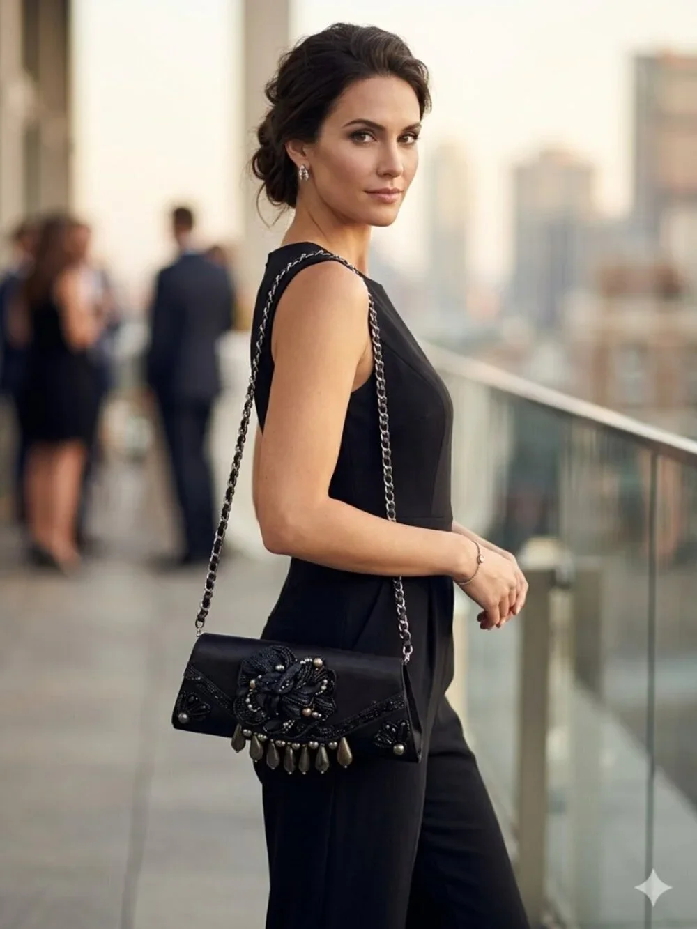 Women Vintage Small Black Satin Beaded Evening Shoulder Clutch Bag Formal Party